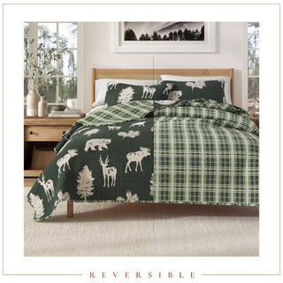 Deers & Trees Microfiber Reversible Quilt Set With Shams