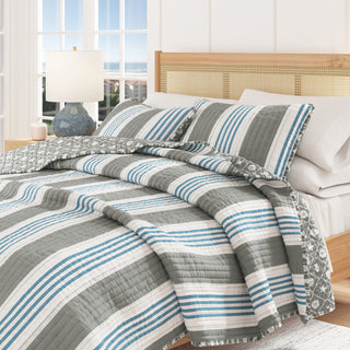 Coastal Stripe Microfiber Quilt Set With Shams