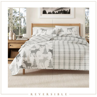 Moose & Evergreens Microfiber Reversible Quilt Set With Shams