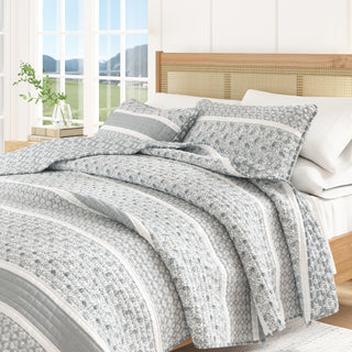 Stripe & Paisley Microfiber Reversible Quilt Set With Shams