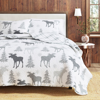 Moose & Evergreens Microfiber Reversible Quilt Set With Shams