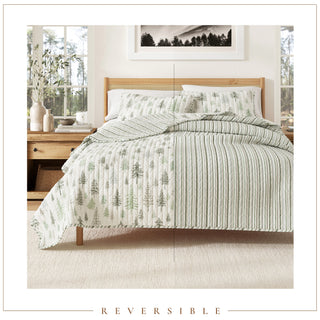 Rustic Lodge Trees Microfiber Reversible Quilt Set With Shams