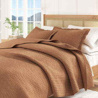 Detailed Channel Stitch Microfiber All-Season Quilt Set With Shams