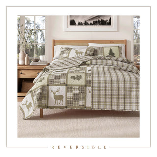 Nature & Plaid Patchwork Microfiber Reversible Quilt Set With Shams