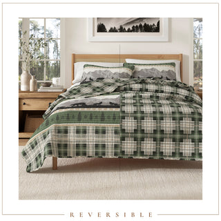 Mountain Scape & Plaid Microfiber Reversible Quilt Set With Shams