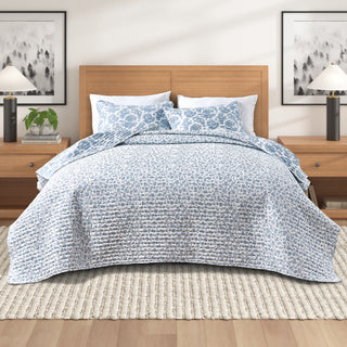 Holiday Toile Blue Microfiber Reversible Quilt Set With Shams