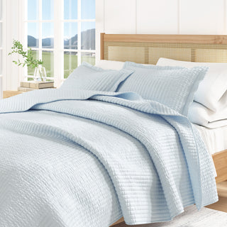 Detailed Channel Stitch Microfiber All-Season Quilt Set With Shams