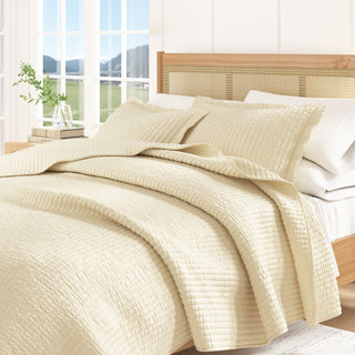 Detailed Channel Stitch Microfiber All-Season Quilt Set With Shams