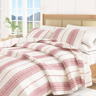 Farmhouse Stripe Microfiber Reversible Quilt Set With Shams