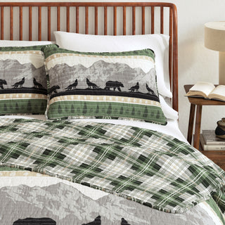 Mountain Scape & Plaid Microfiber Reversible Quilt Set With Shams