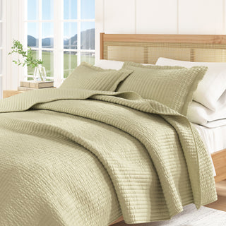 Detailed Channel Stitch Microfiber All-Season Quilt Set With Shams