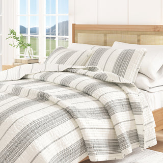 Farmhouse Stripe Microfiber Reversible Quilt Set With Shams