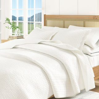 Detailed Channel Stitch Microfiber All-Season Quilt Set With Shams