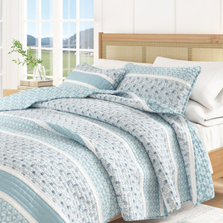 Stripe & Paisley Microfiber Reversible Quilt Set With Shams