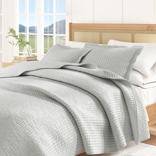 Detailed Channel Stitch Microfiber All-Season Quilt Set With Shams