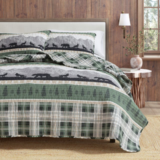 Mountain Scape & Plaid Microfiber Reversible Quilt Set With Shams