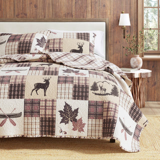 Rustic Lodge Patchwork Microfiber Reversible Quilt Set With Shams