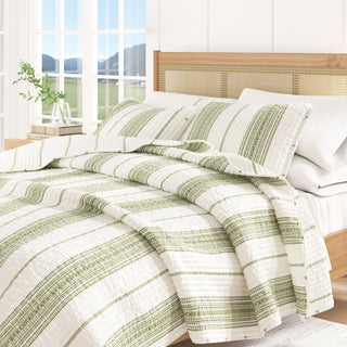 Farmhouse Stripe Microfiber Reversible Quilt Set With Shams