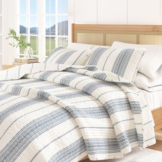 Farmhouse Stripe Microfiber Reversible Quilt Set With Shams