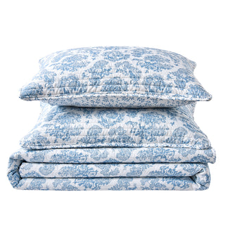 Holiday Toile Blue Microfiber Reversible Quilt Set With Shams