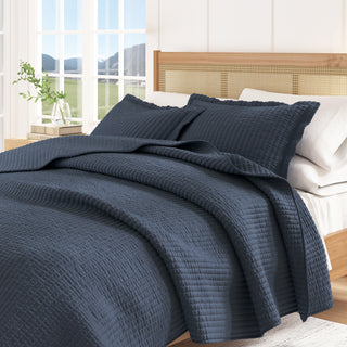 Detailed Channel Stitch Microfiber All-Season Quilt Set With Shams